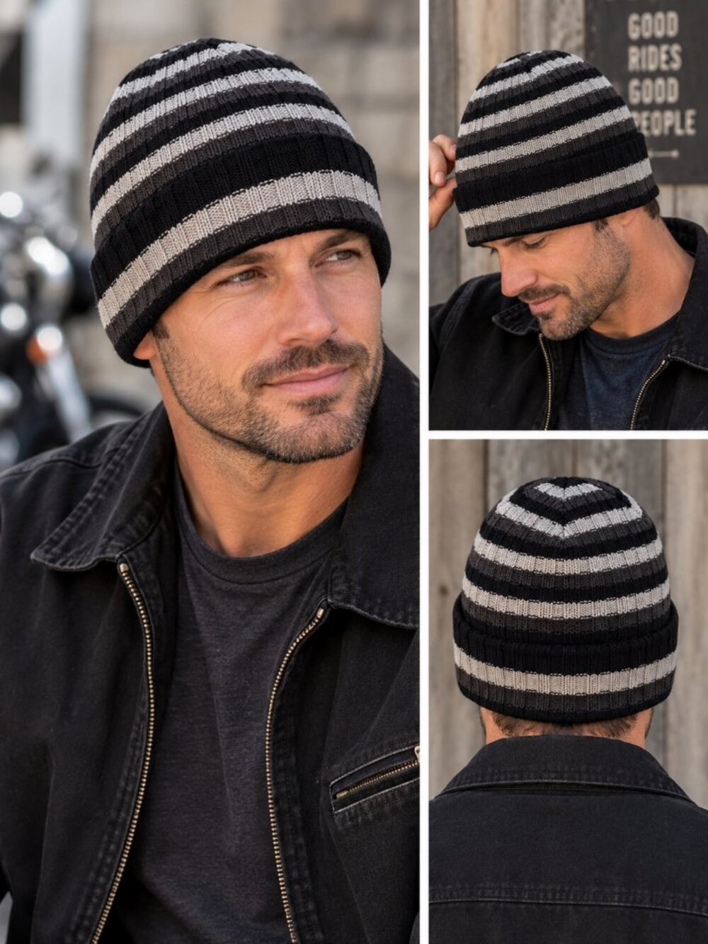 Sakkas Black Gray Striped Knit Beanie Winter Hat NWT OS